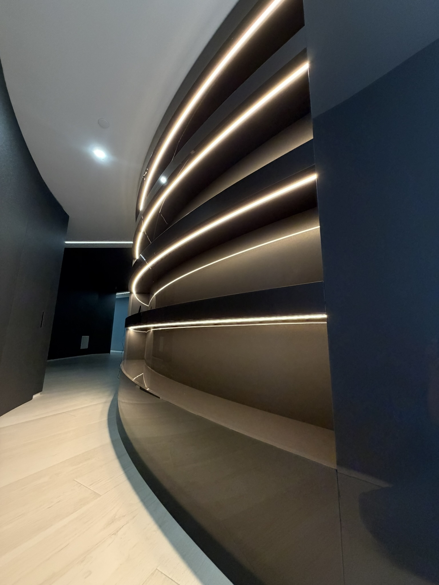 Curved shelving with integrated lighting